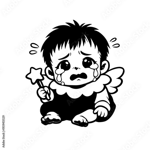 Cute crying baby angel character illustration with tears, emotional cartoon style