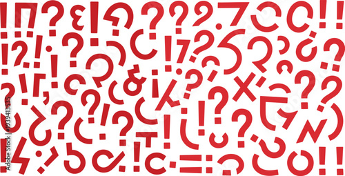 A collage of various punctuation marks including question marks and exclamation points in red on a white background