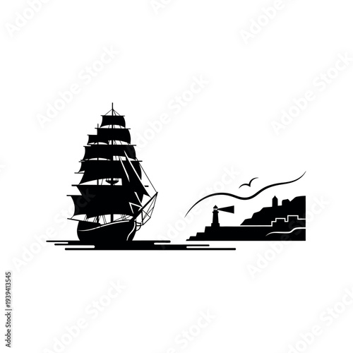 Sailing ship and lighthouse on the coast black and white silhouette.