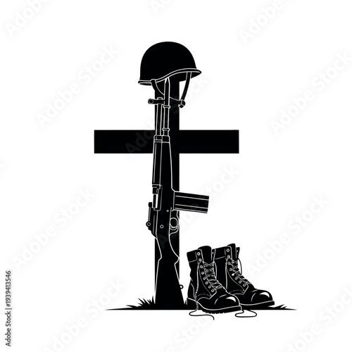 Fallen Soldier Memorial with Rifle Helmet and Boots.