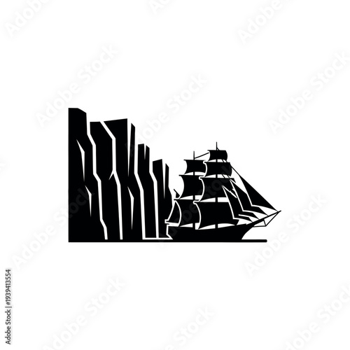 Sailing ship navigating past towering cliffs.
