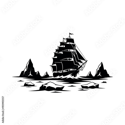 Sailing ship navigating through icy waters with icebergs.