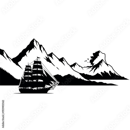 Sailing ship with mountains in the background.