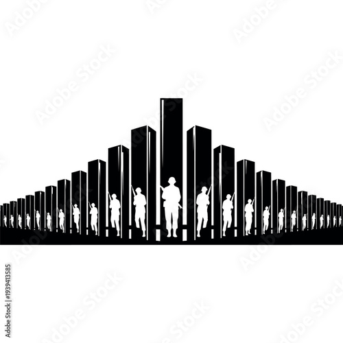 Silhouette of soldiers standing in front of abstract city skyline.