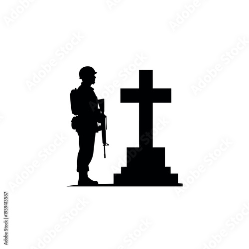 Soldier Silhouette Standing by a Cross Grave Memorial.