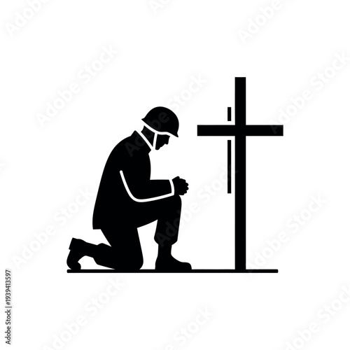Soldier Kneeling at Cross Silhouette.