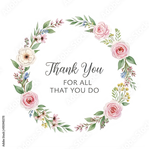 Elegant floral wreath with pink roses and thank you message isolated on transparent background