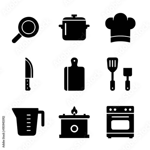 Collection of kitchen utensils and appliances displayed in a grid pattern on a white background viewed from directly above