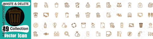 Waste management and garbage disposal linear vector icons set. Trash cans, recycling bins, hazardous waste and pollution control symbols.