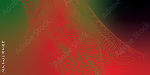 Flowing red, green, and black glowing ribbons twisting over a dark, moody background sprinkled with tiny sparkling particles, futuristic digital technology scene, vector style.