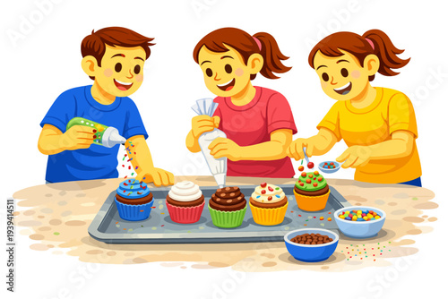 Three kids decorating cupcakes with colorful icing and sprinkles.