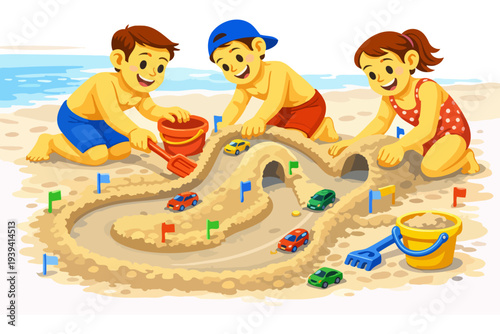 Children building sand racetrack with toy cars on beach.