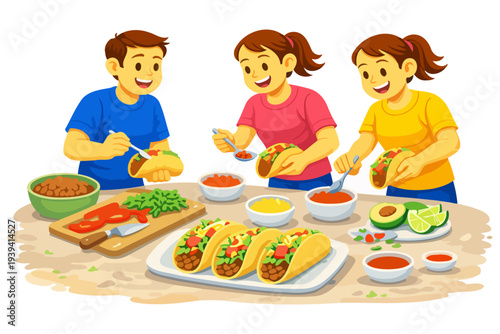 Cheerful young caucasian friends enjoy making tacos together at a lively dinner.