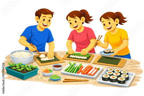 Cartoon group of children making sushi together joyfully.