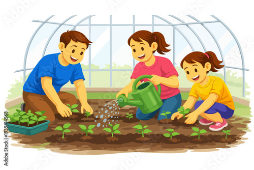 Family gardening in greenhouse with caucasian adults and child.