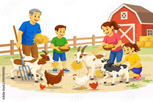 Family feeding animals at farm with red barn in background.