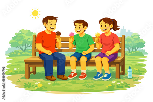 Three happy children enjoying ice cream on a sunny day in the park.