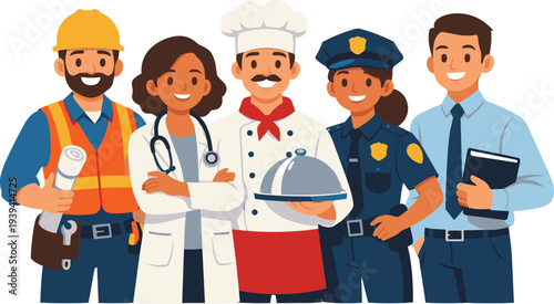 Professional Workers Team Diverse Occupations Flat Illustration.