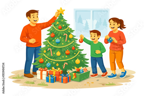 Family decorating christmas tree with gifts and ornaments.