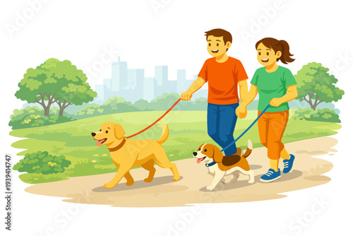 Young caucasian couple walking dogs in park with city skyline in background.