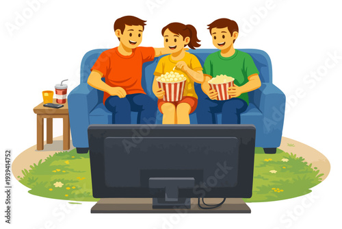 Three young caucasian friends enjoying movie night with popcorn on a couch.