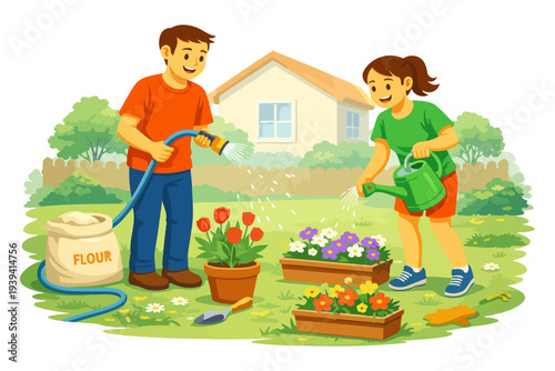 Happy caucasian children gardening and watering flowers in backyard.