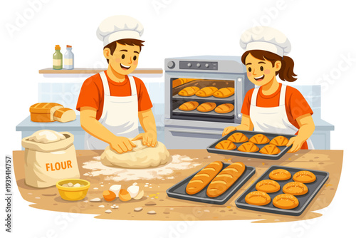 Young caucasian male and female bakers preparing fresh bread and pastries in a kitchen.