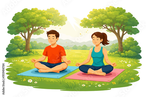 Caucasian young adults meditating outdoors in a tranquil park setting.