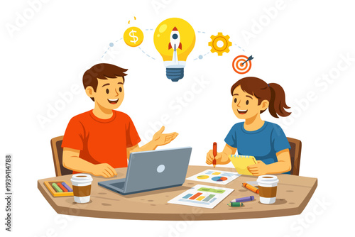 Young caucasian male and female collaborating on business project with laptop and ideas.