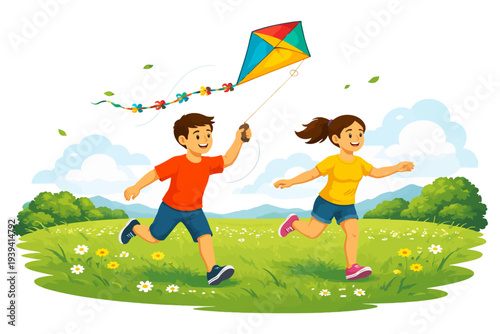 Children playing with kite in sunny field.
