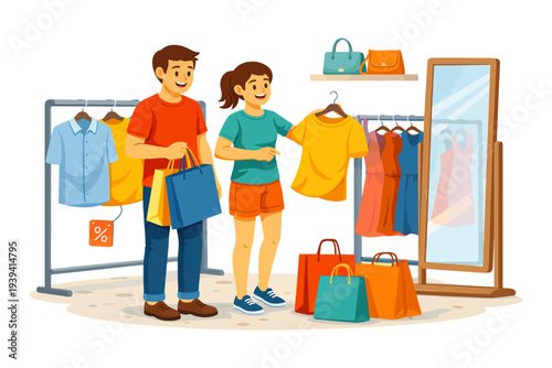 Young caucasian couple shopping for clothes with bags in fashion store.