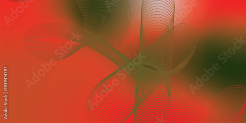 Flowing red, green, and black glowing ribbons twisting over a dark, moody background sprinkled with tiny sparkling particles, futuristic digital technology scene, vector style.