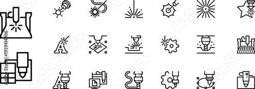 Computer numerical controlled printer, Set  line icons in series of laser cutting. 3D milling machine and other thematic symbols. Stroke mono contour pictograms isolated. Vector outline labels.eps