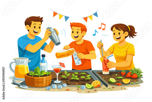Children enjoying gardening and mocktail making activities outdoors.