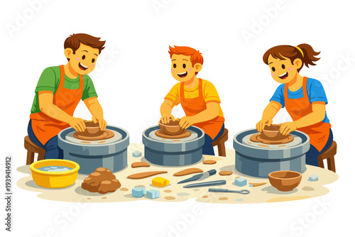 Children engaged in pottery workshop with clay and tools.