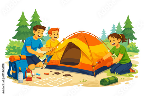 Family camping adventure with tent and gear in forest setting.