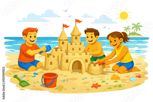 Children building sandcastle on beach with sunny sky and ocean.