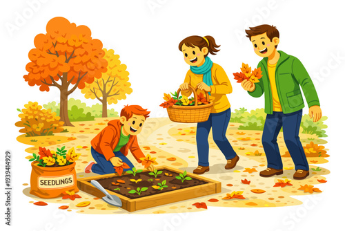 Family garden activity: planting seedlings in a vibrant fall scene.