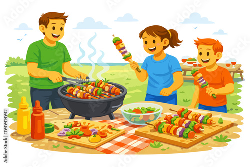 Family enjoying outdoor barbecue with delicious grilled skewers.