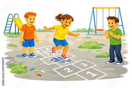Three young children playing hopscotch in playground.
