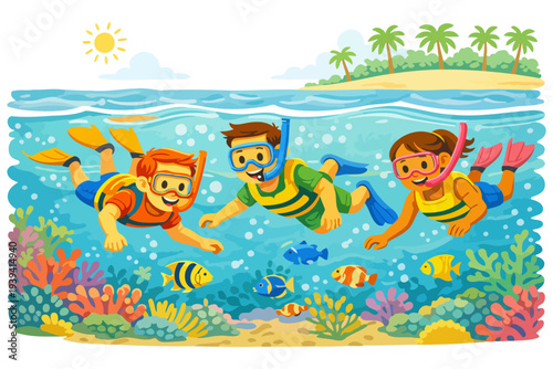 Children snorkeling in vibrant coral reef with tropical fish.