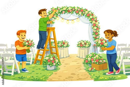 Kids preparing for outdoor wedding ceremony with floral decorations.