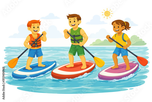 Children paddleboarding on a sunny day — outdoor water adventure.
