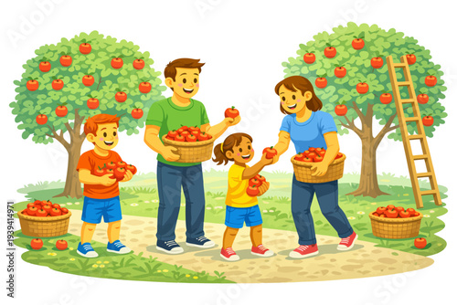 Happy family harvesting apples in orchard illustration.