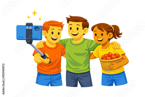 Group of diverse happy teens taking selfie with smartphone.