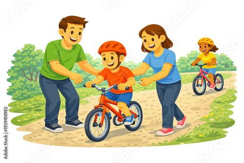 Young caucasian child learning to ride bike with parents in park.