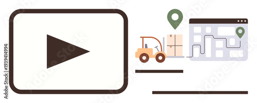 Online education, supply chain, delivery services, logistics, transportation, routing. Visuals of a play button, forklift map route and package. Online education and supply chain