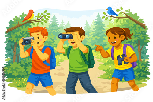 Children exploring nature with binoculars and cameras in forest adventure.