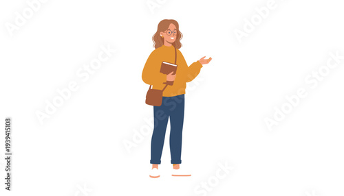 Young woman with eyeglasses, book, and shoulder bag, standing and gesturing, representing student life, education, or casual discussion