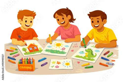 Happy diverse children enjoying coloring and drawing together at a table.